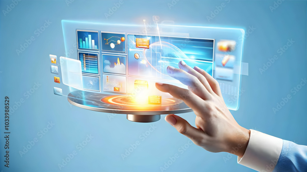 Close Up of Fingers Swiping Through a Virtual Presentation with Glowing Futuristic Background - Macro Shot Capturing Innovation in Digital Interaction and Business Presentation Close Up of Fingers Swiping Through a Virtual Presentation with Glowing Futuristic Background - Macro Shot Capturing Innovation in Digital Interaction and Business Presentation