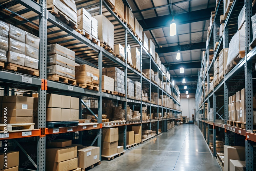 Expansive Industrial Warehouse with Rows of Shelves and Lighting Expansive Industrial Warehouse with Rows of Shelves and Lighting