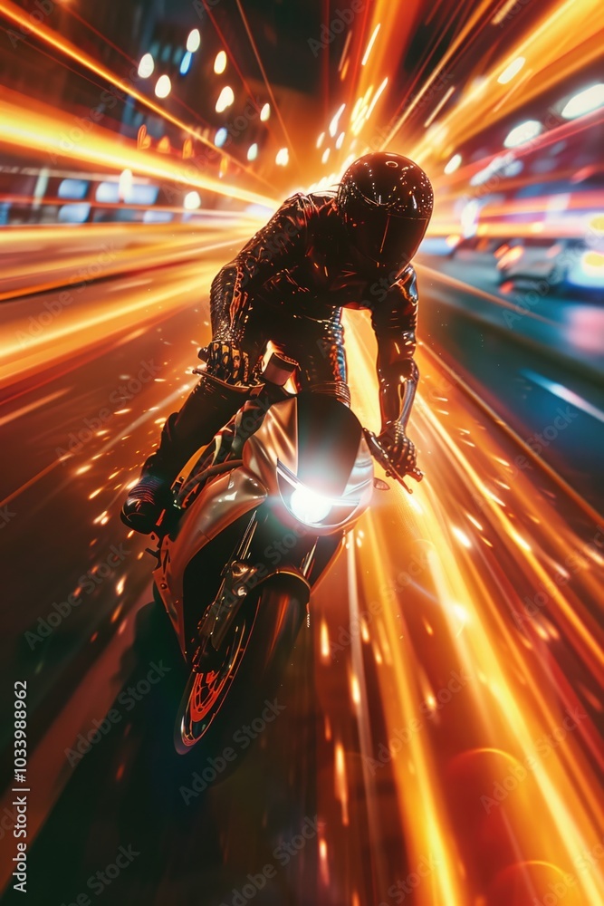 A motorcyclist rides down a busy city street, with buildings and cars in the background A motorcyclist rides down a busy city street, with buildings and cars in the background