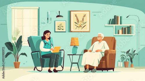 A caregiver interacting with an elderly man in a cozy living room setting.