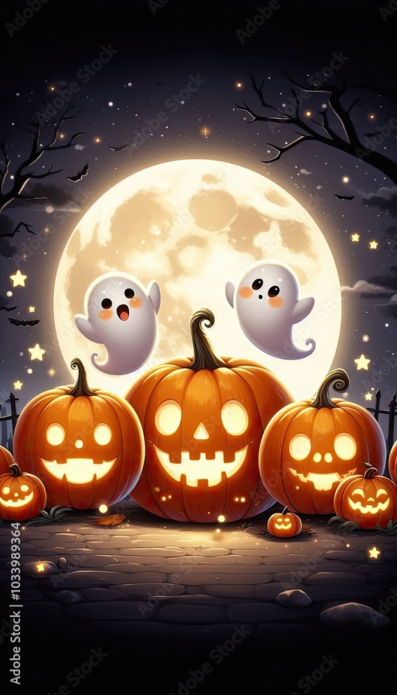 Fototapeta premium A cute and spooky Halloween scene featuring three jack-o'-lanterns with different expressions one cheerful, one surprised, and one grumpy. Each pumpkin has tiny, happy ghosts floating out of their top