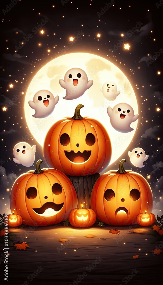 Naklejka premium A cute and spooky Halloween scene featuring three jack-o'-lanterns with different expressions one cheerful, one surprised, and one grumpy. Each pumpkin has tiny, happy ghosts floating out of their top