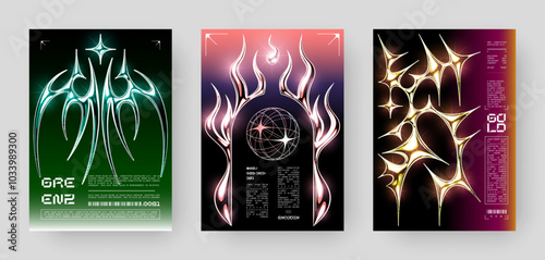 Set of Futuristic Abstract Cyberpunk Poster Design. Y2K Neon-lit geometric shapes, Silver Chrome, 2000s, shiny metallic surface, high-tech, sci-fi aesthetic.