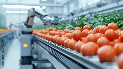 Conveyor belt with food processing robots in an automated kitchen, 3D illustration photo