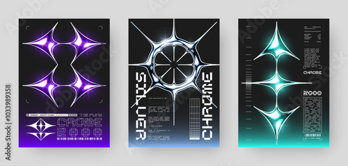 Set of Futuristic Abstract Cyberpunk Poster Design. Y2K Neon-lit geometric shapes, Silver Chrome, 2000s, shiny metallic surface, high-tech, sci-fi aesthetic.