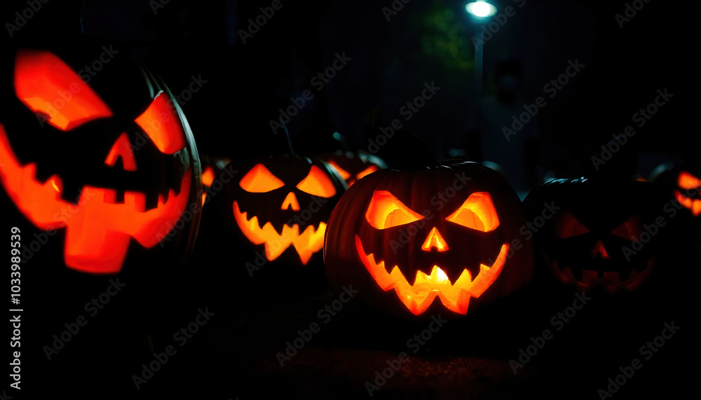 Realistic pumpkins glowing at night with sinister faces, perfect for Halloween projects. The eerie and mysterious atmosphere is enhanced by the dramatic contrast of light and shadow Realistic pumpkins glowing at night with sinister faces, perfect for Halloween projects. The eerie and mysterious atmosphere is enhanced by the dramatic contrast of light and shadow
