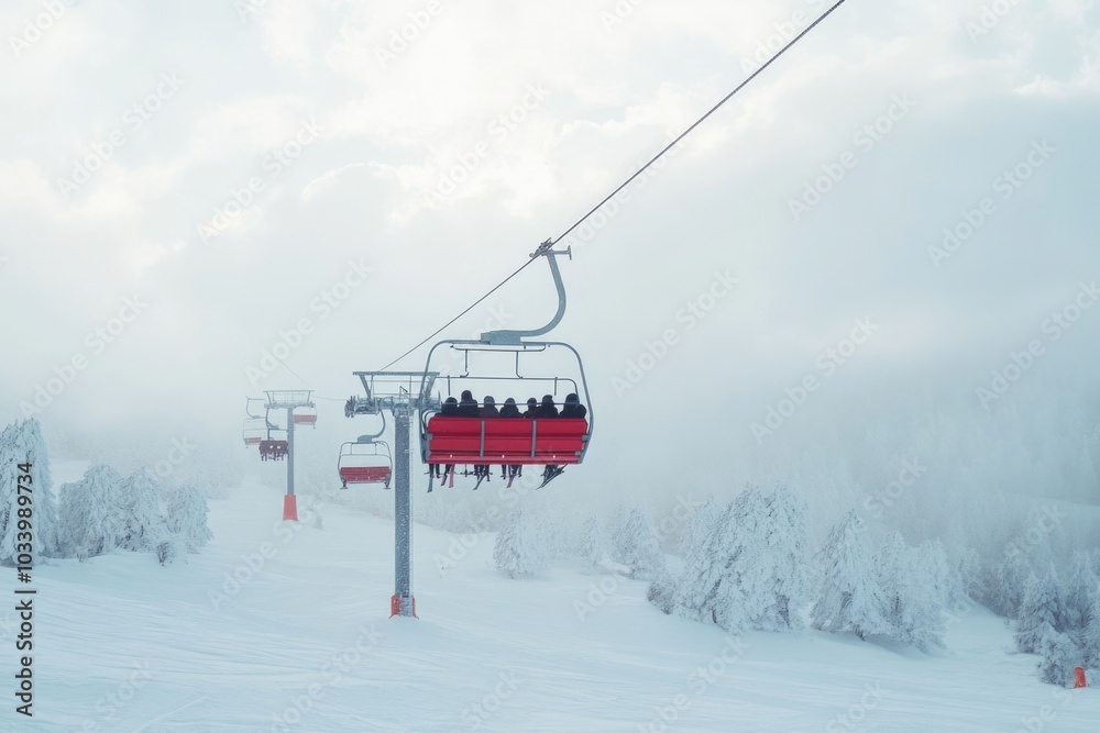 People enjoying a snowy day on a ski lift, perfect for winter sports and outdoor activities People enjoying a snowy day on a ski lift, perfect for winter sports and outdoor activities