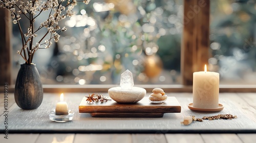 Crystals and dried herbs on a meditation mat, natural healing tools, 3D illustration