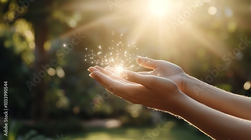 Healing energy flowing through hands over a person, natural therapy scene, 3D illustration