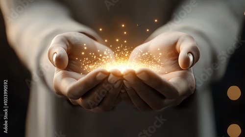 Healing hands over a glowing energy field, natural healing concept, 3D illustration