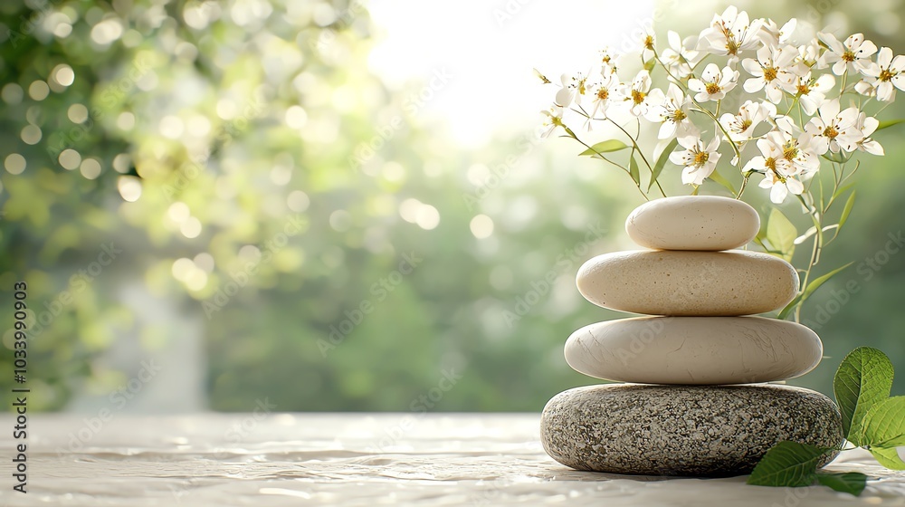 Massage stones and herbal compresses on a spa bed, soothing natural healing, 3D illustration Massage stones and herbal compresses on a spa bed, soothing natural healing, 3D illustration