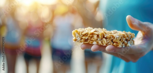 A hand holding a nutritious granola bar, perfect for energy on the go during workouts or outdoor activities with friends. photo