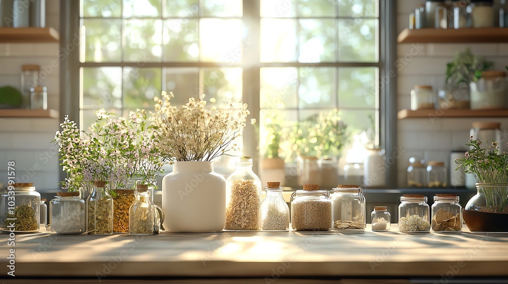 Natural healing workspace with dried herbs and organic materials, 3D illustration Natural healing workspace with dried herbs and organic materials, 3D illustration