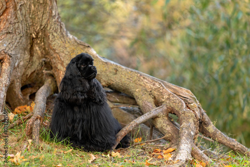 Black Cocker Spaniel Resting by Gnarled Tree Roots in Autumn Forest