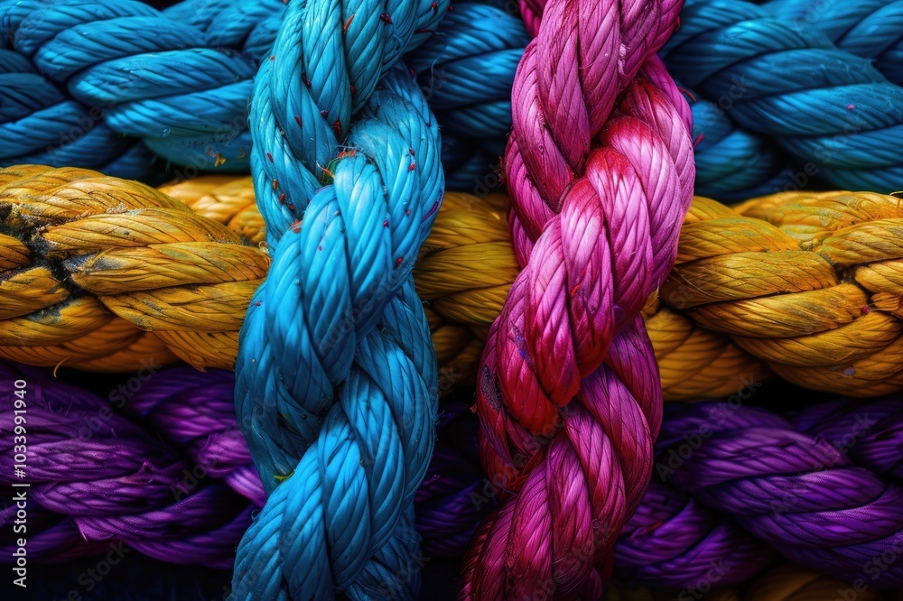 Concept Of Teamwork And Unity as a business metaphor for joining an inclusive partnership as twisted diverse ropes connected together as a corporate symbol for cooperation and working collaboration Concept Of Teamwork And Unity as a business metaphor for joining an inclusive partnership as twisted diverse ropes connected together as a corporate symbol for cooperation and working collaboration