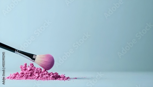 Closeup of a makeup brush applying shimmering pink eyeshadow on a closed eyelid, glamorous and vibrant beauty concept, soft pastel tones photo