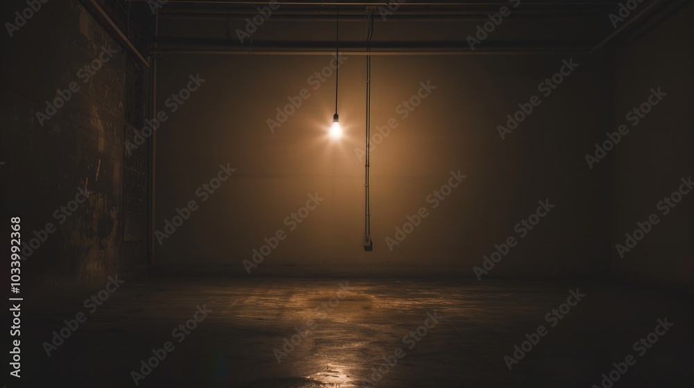 Dark empty room with single flickering light bulb casting long shadows, emphasizing absence of power and eerie atmosphere, minimalist setting with focus on light bulb's glow. Dark empty room with single flickering light bulb casting long shadows, emphasizing absence of power and eerie atmosphere, minimalist setting with focus on light bulb's glow.