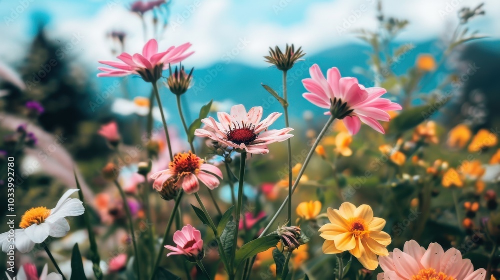 Vibrant flowers bloom in colorful garden, showcasing variety of shapes and hues under bright blue sky. scene evokes sense of joy and tranquility Vibrant flowers bloom in colorful garden, showcasing variety of shapes and hues under bright blue sky. scene evokes sense of joy and tranquility