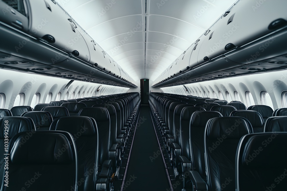 Fototapeta premium Empty airplane cabin with panoramic windows, clear skies outside, representing tranquility, space, and minimalist air travel interiors