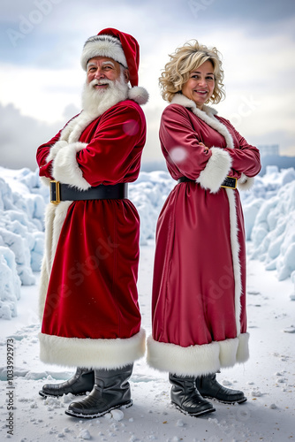 A man and a woman dressed as Santa Claus standing in the snow