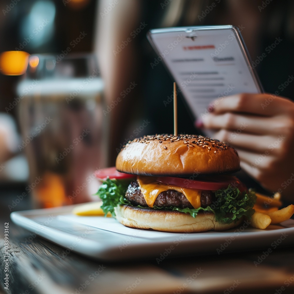 Close-Up of a Tasty Delicious Burger with Juicy Beef Patty, Fresh Lettuce, Tomatoes, Melted Cheese, and Crispy Bacon on a Golden Toasted Bu Close-Up of a Tasty Delicious Burger with Juicy Beef Patty, Fresh Lettuce, Tomatoes, Melted Cheese, and Crispy Bacon on a Golden Toasted Bu