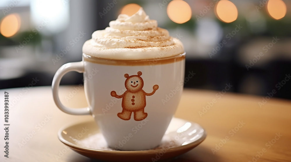 A holiday themed latte with a whipped cream A holiday themed latte with a whipped cream