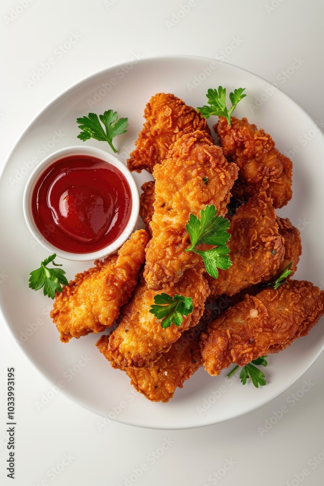 A plate of juicy chicken nuggets served with ketchup and garnished with fresh parsley A plate of juicy chicken nuggets served with ketchup and garnished with fresh parsley