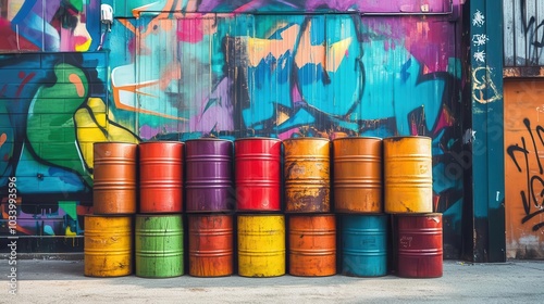 A stack of colorful oil barrels against the background of graffiti in an urban setting