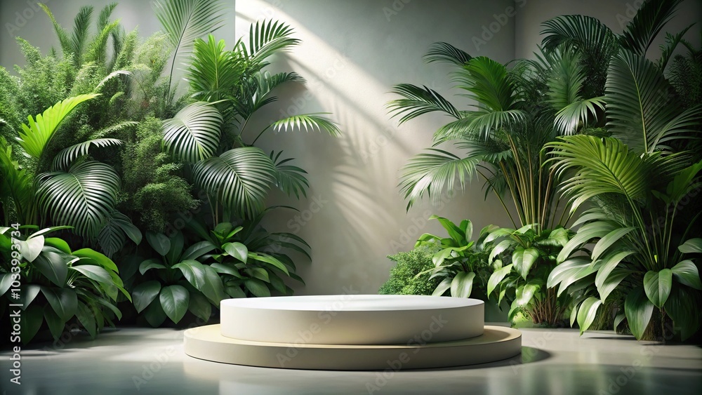 Obraz premium Abstract scene with empty podium and tropical plants