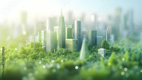 3D Bokeh Cityscape Featuring Green Energy Symbols - A Soft Abstract City Scene with Renewable Energy Icons, Camera Zoom-Out for Environmental Innovation and ESG Business Discussions