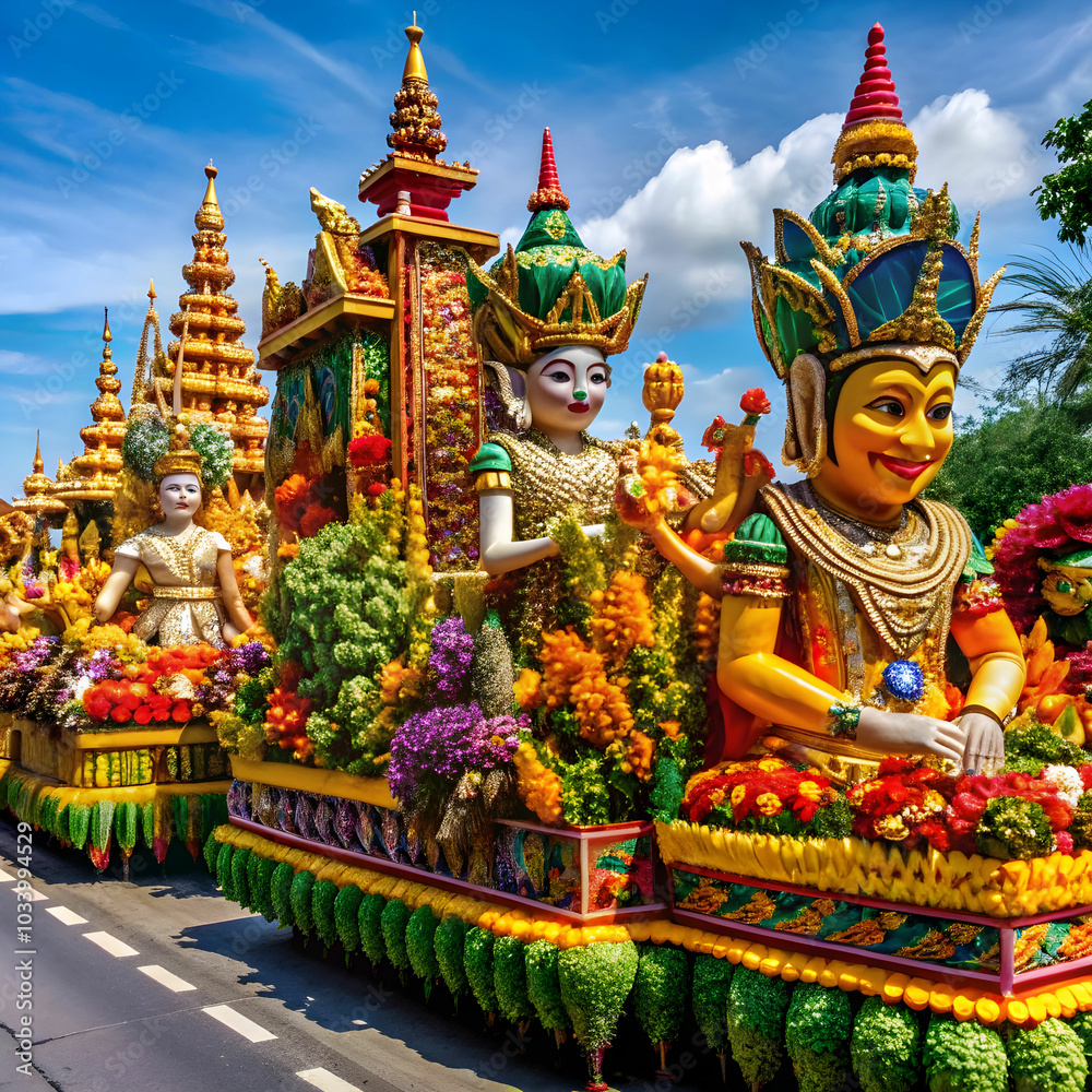Fototapeta premium Floats decorated with cultural elements represent diverse traditions