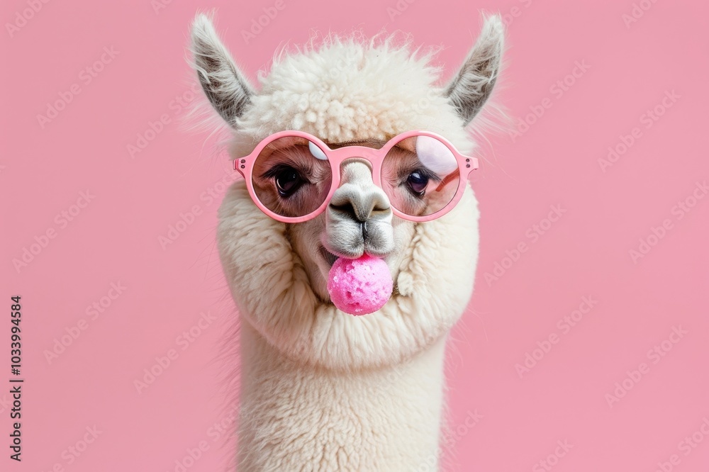 Fototapeta premium Cute lama alpaca with bubblegum in trendy pink sunglasses, isolated on pink background with copyspace. Generative AI
