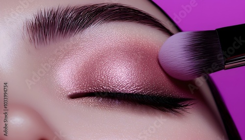 Closeup of a makeup brush applying shimmering pink eyeshadow on a closed eyelid, glamorous and vibrant beauty concept, soft pastel tones photo