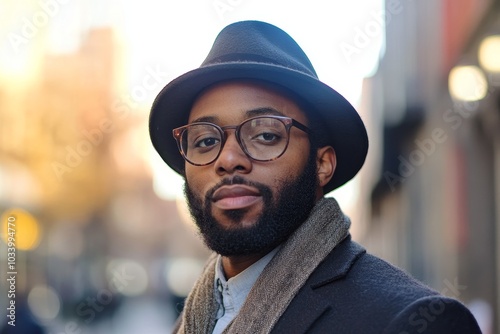 A handsome Black man with a beard, wearing glasses and a hat, stands on a street.