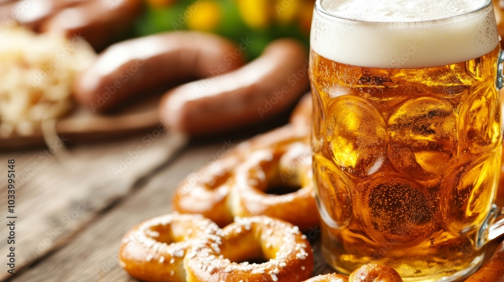 Savor a delightful assortment of Oktoberfest delicacies on a rustic table, featuring pretzels, sausages, and beer Savor a delightful assortment of Oktoberfest delicacies on a rustic table, featuring pretzels, sausages, and beer