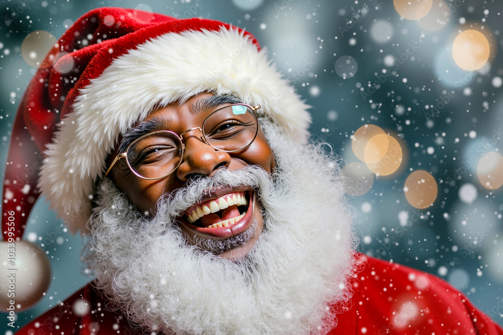 A man in a santa claus hat and glasses smiles at the camera A man in a santa claus hat and glasses smiles at the camera