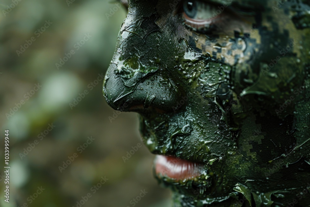 A close-up view of a person wearing camouflage clothing, suitable for use in military, outdoor or adventure contexts A close-up view of a person wearing camouflage clothing, suitable for use in military, outdoor or adventure contexts