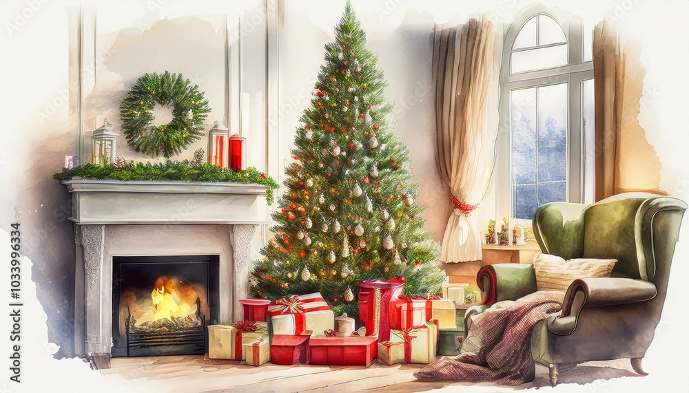 Obraz premium 水彩タッチのクリスマスツリーとプレゼントメインのクリスマス背景イラスト