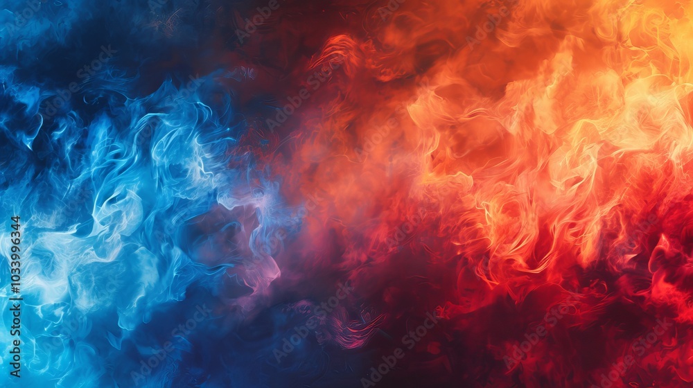 Fototapeta premium Abstract background of swirling blue and orange smoke, a clash of elements.