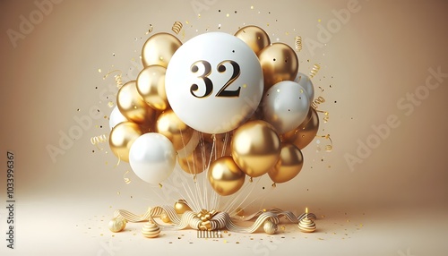 32th Balloon number 32 for birthday anniversary party gold foil balloon greeting with cute cake background- 32.