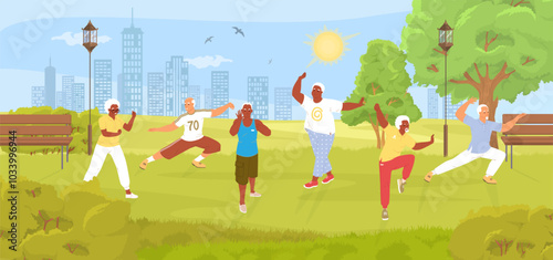 Senior people practicing tai chi gymnastics in green city park vector illustration. Elderly man and woman exercising outdoors in morning enjoying chinese geriatric class
