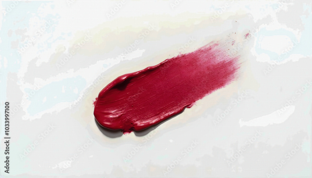 Fototapeta premium Close-up of smudged lipstick on a white background, highlighting texture and vibrant color. Ideal for beauty themes, cosmetics ads, and makeup product photography.