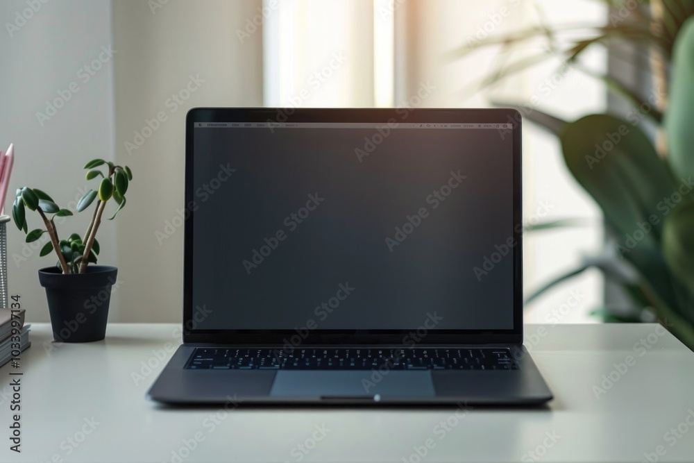 Fototapeta premium Laptop computer placed on a white desk, ideal for workspace or office settings