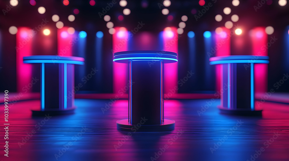3D Soft Focus Debate Podiums with Blurred Background and Data Overlays Showcasing Real-Time Sentiment Analysis in High-Stakes Atmosphere 3D Soft Focus Debate Podiums with Blurred Background and Data Overlays Showcasing Real-Time Sentiment Analysis in High-Stakes Atmosphere