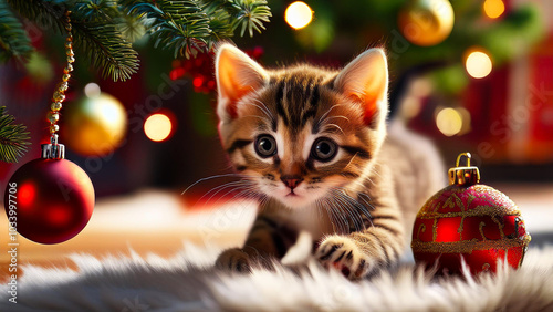 An adorable kitten sits next to Christmas decorations against the backdrop of a Christmas tree.