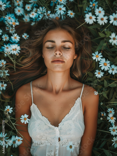 Mujer descansando entre margaritas en un campo de flores photo