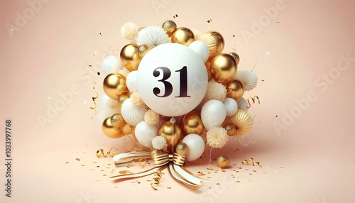 31th Balloon number 31 for birthday anniversary party gold foil balloon greeting with cute cake background 31. photo