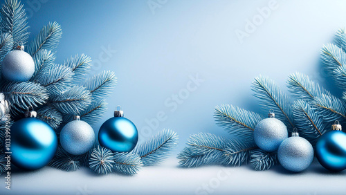 White and blue gradient background with space for text, decorated with fir branches, blue balls and white balls. photo