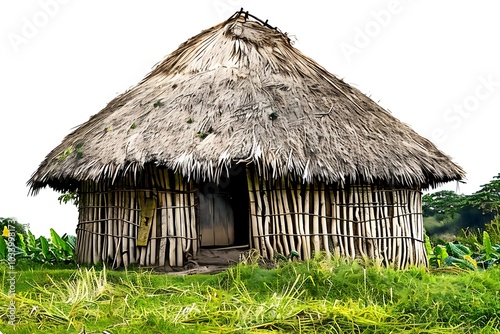 Rustic african thatched hut on meadow, traditional straw hut, african landscape on transparent background photo
