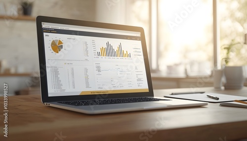 Laptop Displaying Business Charts and Graphs on a Wooden Desk